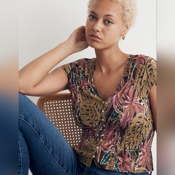 Madewell Shirred Cap-Sleeve Top in Brushstroke Monstera Size XS - Picture 2 of 7